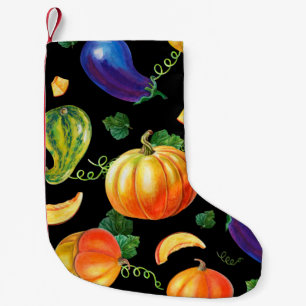 Calcetín Navideño Pequeño Calabaza naranja, zucchini a rayas, berenjena azul