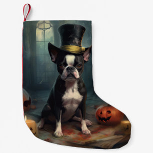 Calcetín Navideño Pequeño Calabazas de Boston Terrier Halloween Asustadizo