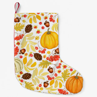 Calcetín Navideño Pequeño Calabazas otoñales, bellotas, fondo vintage.