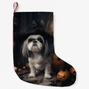 Calcetín Navideño Pequeño Calabazas Shih Tzu Halloween Asustadizas