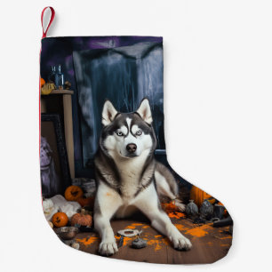 Calcetín Navideño Pequeño Calabazas Siberian Husky Halloween Asustadizas