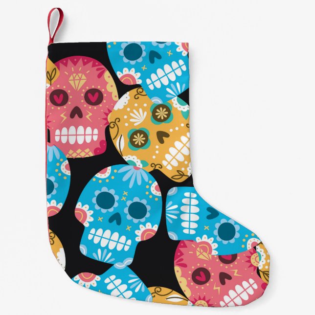 Calcetín Navideño Pequeño Calavera de azúcar, fondo festivo sin costura. (Anverso)