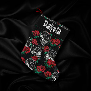 Calcetín Navideño Pequeño Calaveras y rosas rojas Gótico moderno Glam Grun