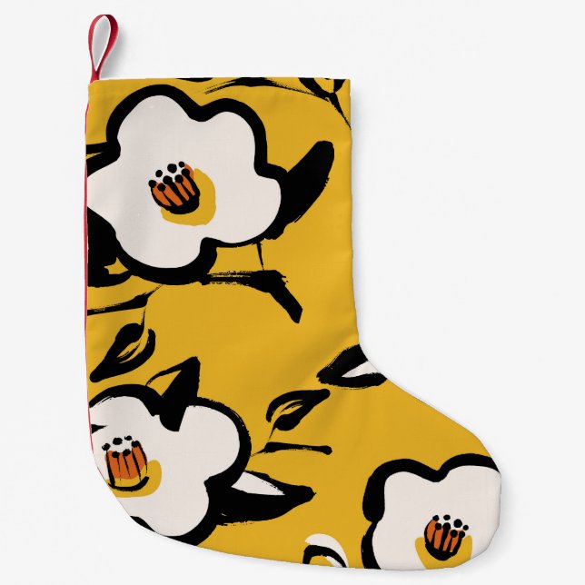 Calcetín Navideño Pequeño Camellia amarilla, cosmética floral de cosmética. (Anverso)