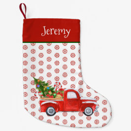 Calcetín Navideño Pequeño Camión de Navidades rojos de época personalizado c