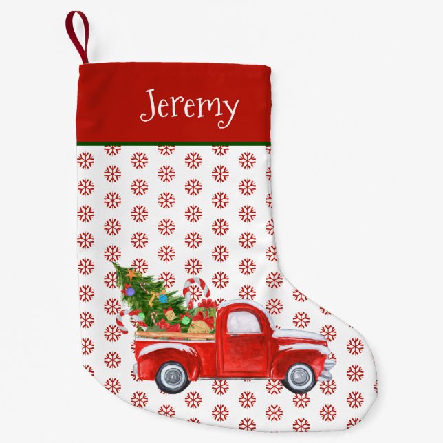 Calcetín Navideño Pequeño Camión de Navidades rojos de época personalizado c (Anverso)