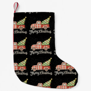Calcetín Navideño Pequeño Camioneta Roja de Plaid Búfalo Alegre Navidad