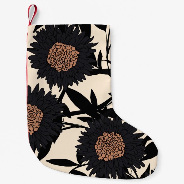 Calcetín Navideño Pequeño Camomile negro, gerbera: fondo crema. (Anverso)