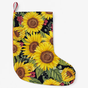 Calcetín Navideño Pequeño Campo de girasoles: fondo negro de acuarela