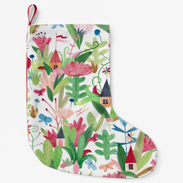 Calcetín Navideño Pequeño Campos Florales: Patrón de casas acuarelas (Anverso)