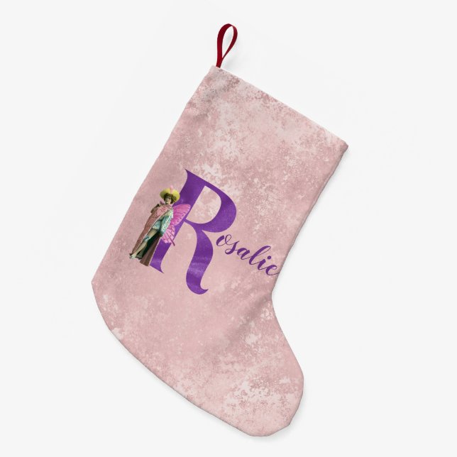 Calcetín Navideño Pequeño Campy Purple Shimmer Fairy Letter R Personalized (Frente (Colgado))