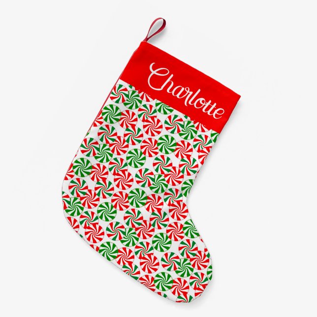 Calcetín Navideño Pequeño Candía personalizada de menta verde blanco (Frente (Colgado))