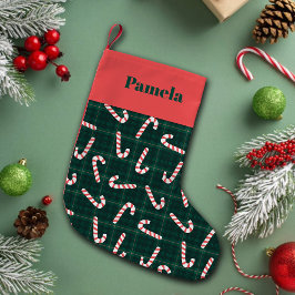 Calcetín Navideño Pequeño Candy Canes Plaids Custom Name 