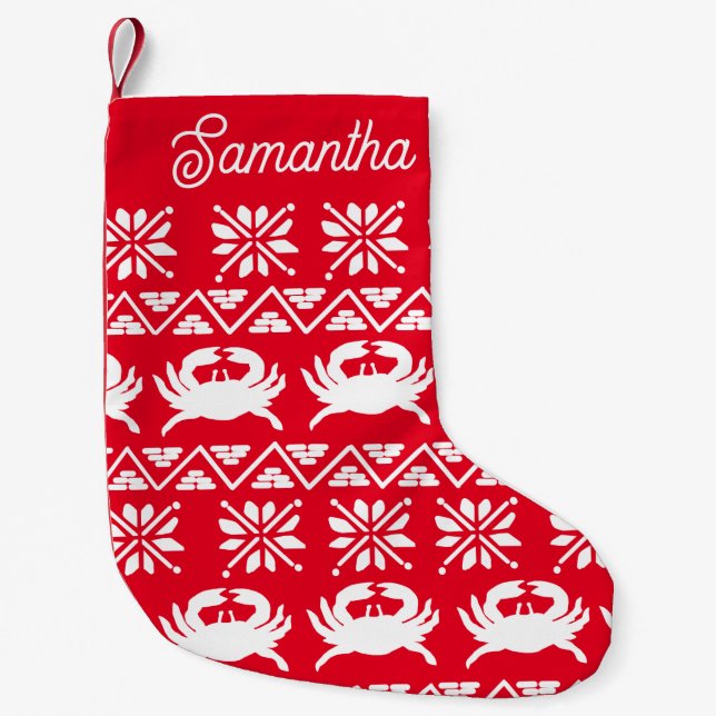 Calcetín Navideño Pequeño Cangrejo Rojo Náutico (Anverso)