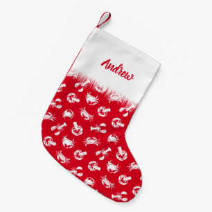 Calcetín Navideño Pequeño Cangrejo y langosta con estampado rojo y blanco