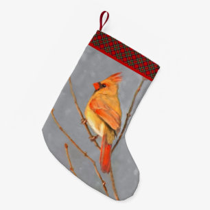 Calcetín Navideño Pequeño Cardenal sobre pintura de bifurcaciones - Arte de 