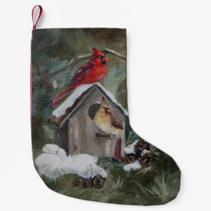 Calcetín Navideño Pequeño Cardenales en el Birdhouse Nevado