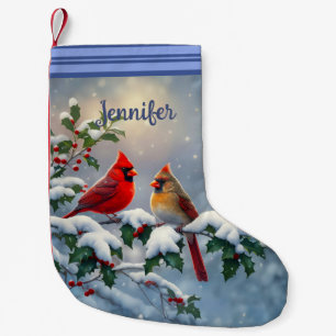 Calcetín Navideño Pequeño Cardenales rojos y acebo en la nieve