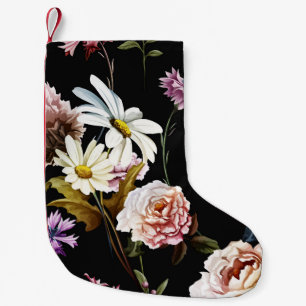 Calcetín Navideño Pequeño Carnación, flores de camomila, patrón negro.