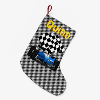 Calcetín Navideño Pequeño Carro de raza azul con bandera verificada