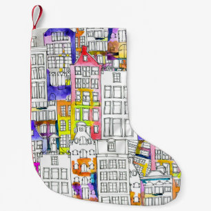 Calcetín Navideño Pequeño Casas de Amsterdam: Patrón Seamless de acuarela