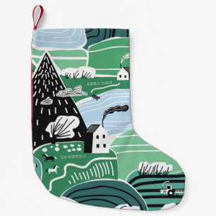 Calcetín Navideño Pequeño Casas escandinavas, árboles, ilustracion montañoso