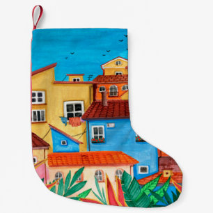 Calcetín Navideño Pequeño Casas italianas. Mano de Gouache
