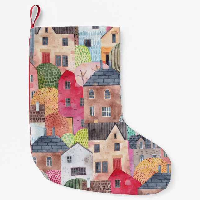 Calcetín Navideño Pequeño Casas Resumen: Acuarela De Fondo Inalámbrico. (Anverso)