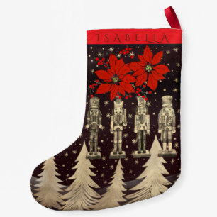 Calcetín Navideño Pequeño Cascanueces Árboles de Navidad Dorados Poinsettia