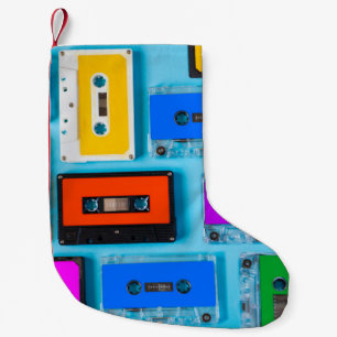 Calcetín Navideño Pequeño Cassette retro: Colección de fondo azul