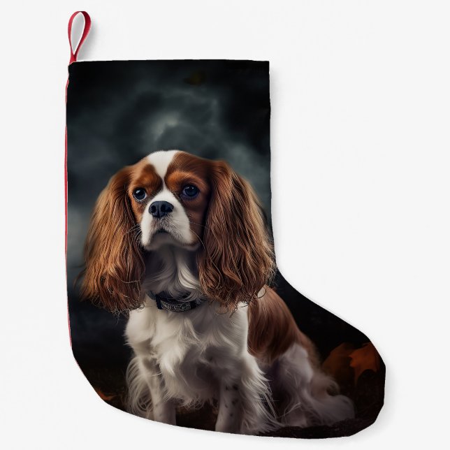Calcetín Navideño Pequeño Cavalier King Charles Spaniel Halloween Scary (Anverso)