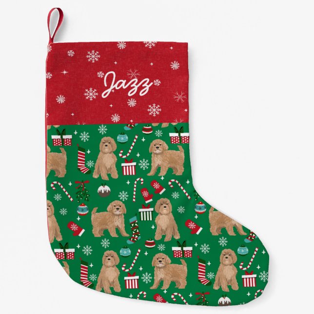 Calcetín Navideño Pequeño Cavoodle, perro de cavapoo (Anverso)