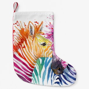 Calcetín Navideño Pequeño Cebra arcoiris, ilustracion silvestre acuático.