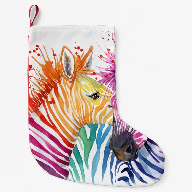 Calcetín Navideño Pequeño Cebra arcoiris, ilustracion silvestre acuático. (Anverso)