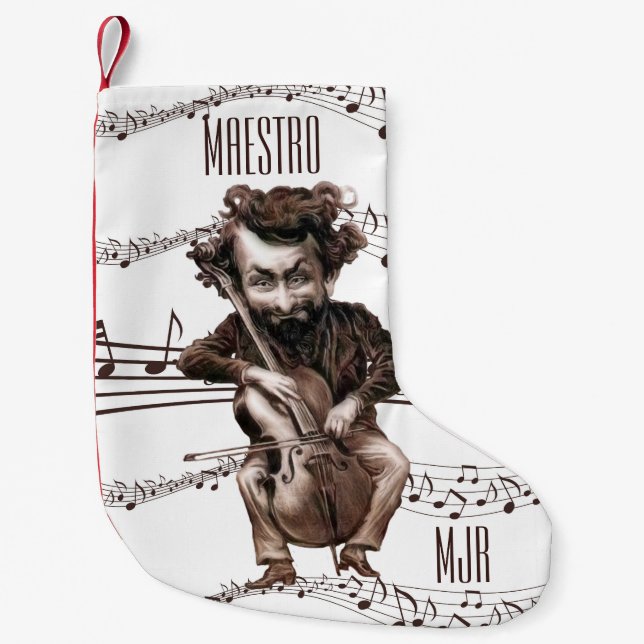 Calcetín Navideño Pequeño Cello Chops | Músico de época | Monogramado (Anverso)