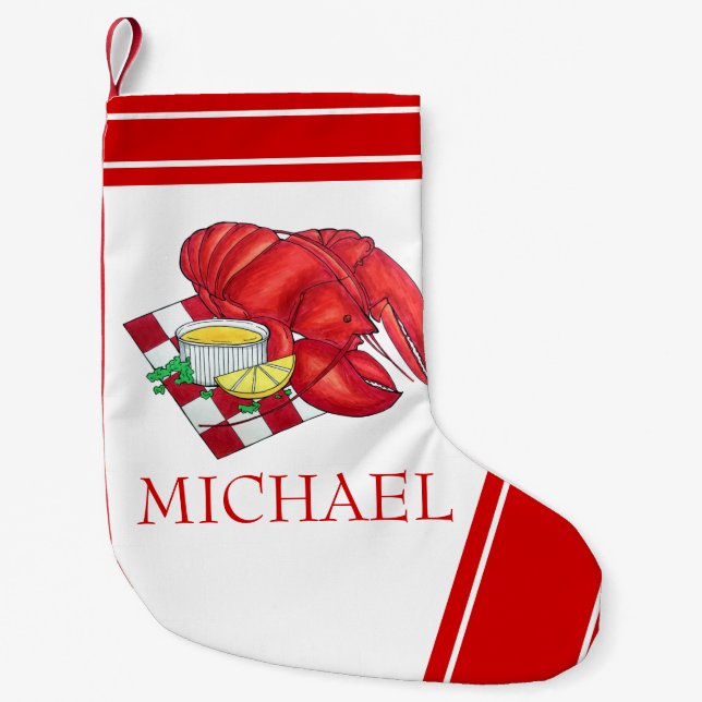 Calcetín Navideño Pequeño Cena de pescado en la tienda costera ME Maine (Anverso)