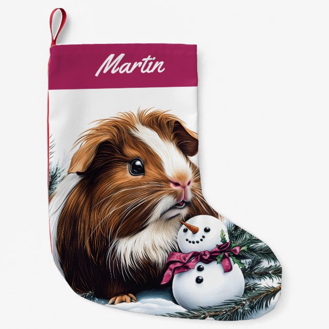 Calcetín Navideño Pequeño Cerdo de Guinea y muñeco de nieve (Anverso)