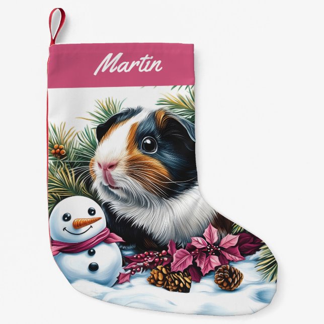 Calcetín Navideño Pequeño Cerdo de Guinea y muñeco de nieve (Anverso)