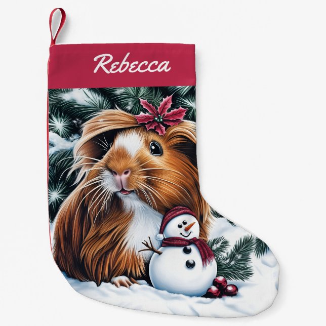 Calcetín Navideño Pequeño Cerdo de Guinea y muñeco de nieve (Anverso)