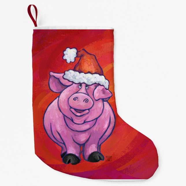Calcetín Navideño Pequeño Cerdo en Santa Hat en rojo (Anverso)