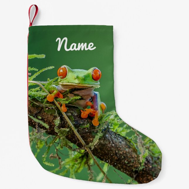Calcetín Navideño Pequeño Cerrar una rana de árbol rojo (Anverso)