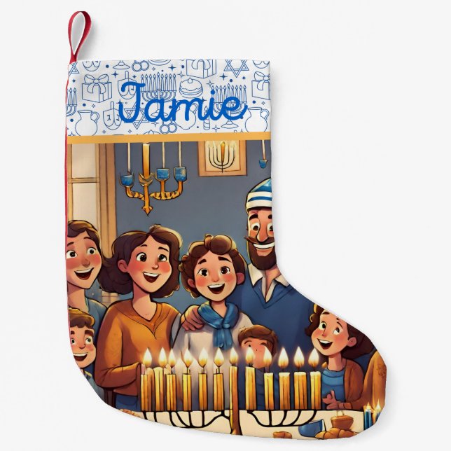 Calcetín Navideño Pequeño Chanukkah festivo: Estrella de David Happy Hanukka (Anverso)