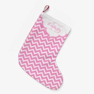 Calcetín Navideño Pequeño Chevron Monogramado Rosa Y Blanco Zigzag