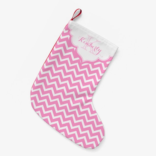 Calcetín Navideño Pequeño Chevron Monogramado Rosa Y Blanco Zigzag (Frente (Colgado))