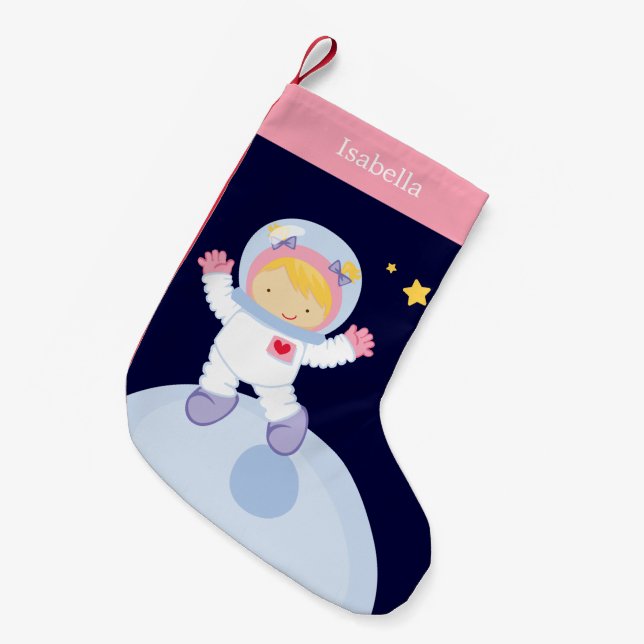 Calcetín Navideño Pequeño Chica astronauta niño personalizado (Frente (Colgado))