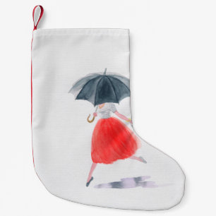 Calcetín Navideño Pequeño Chica con paraguas bajo la lluvia. ilustracion de 