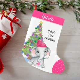 Calcetín Navideño Pequeño Chica Cute Elephant BABY, PRIMERA NAVIDAD Rosa