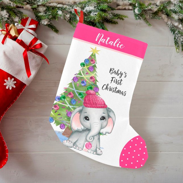 Calcetín Navideño Pequeño Chica Cute Elephant BABY, PRIMERA NAVIDAD Rosa (Subido por el creador)