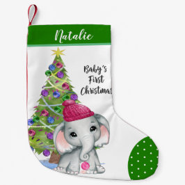 Calcetín Navideño Pequeño Chica Cute Elephant BABY'S First NRISTMAS Green