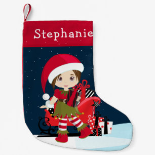 Calcetín Navideño Pequeño Chica de Brunette Elf con Navidades de Rudolph en